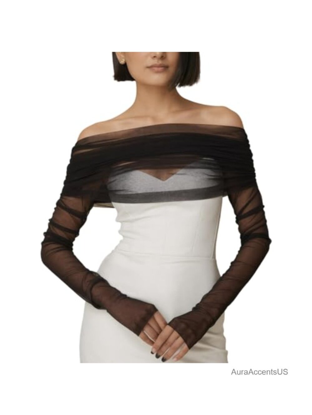 Elegant Off Shoulder Pearl Sheer Shawl With Sleeves Tulle Bridal Shrug Wrap